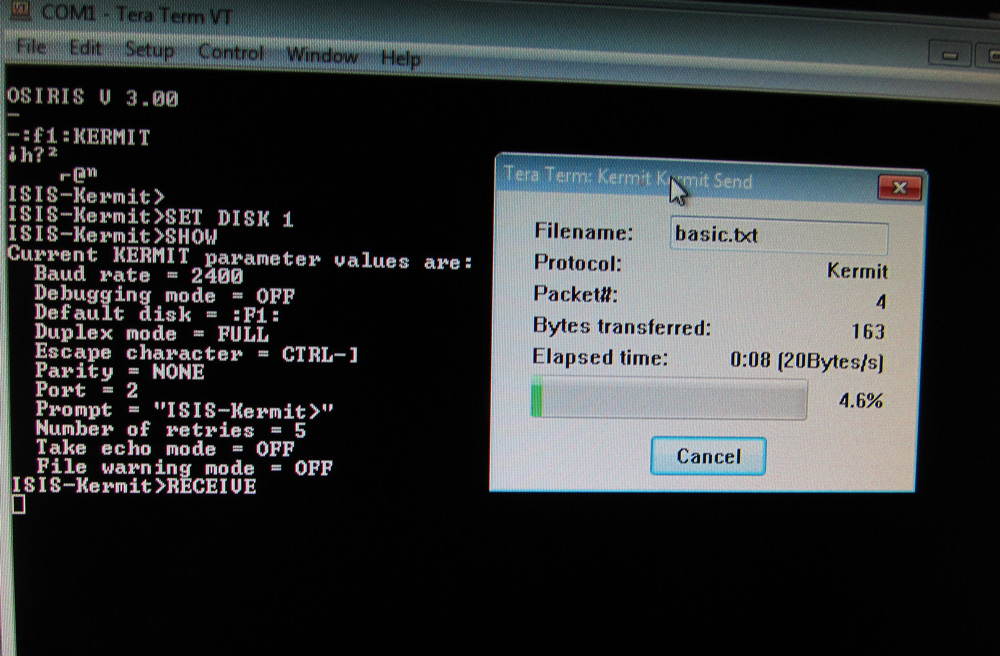 Kermit transfer from PC to Intel Intellec MDS ISIS Operating System